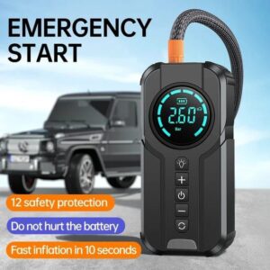 Démarreur de Batterie de Voiture Portable 4 en 1 - BUVAYE avec Pompe à Air, Power Bank & Éclairage LED