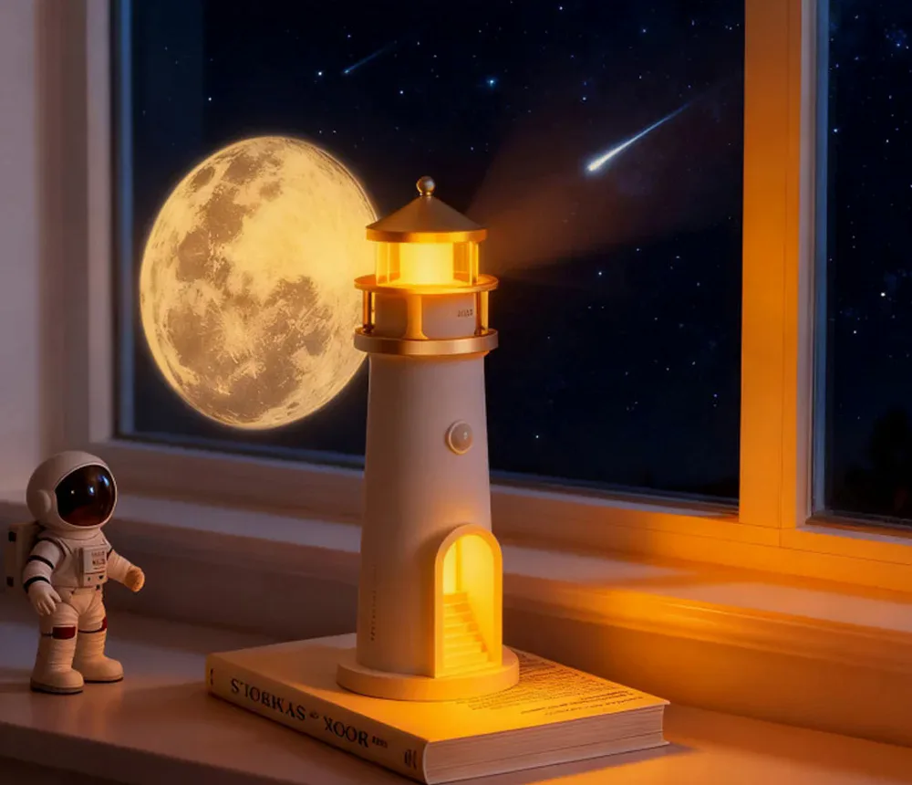 Lampe phare lune allumee en ambiance nocturne